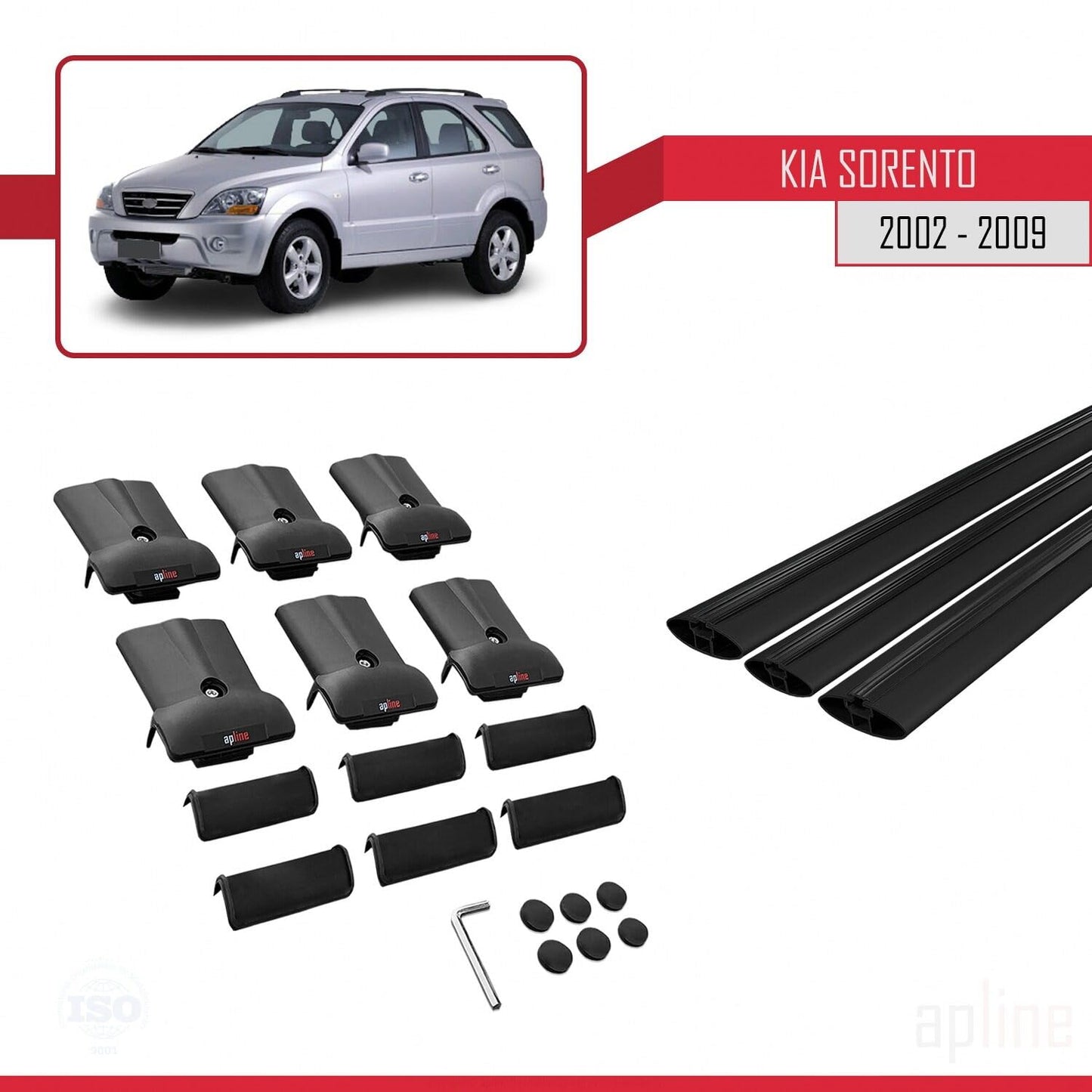 Compatible with Kia Sorento (BL) 2002-2009 Fly Model Car Roof Rack Cross Bar Black Aluminium 3 Bars