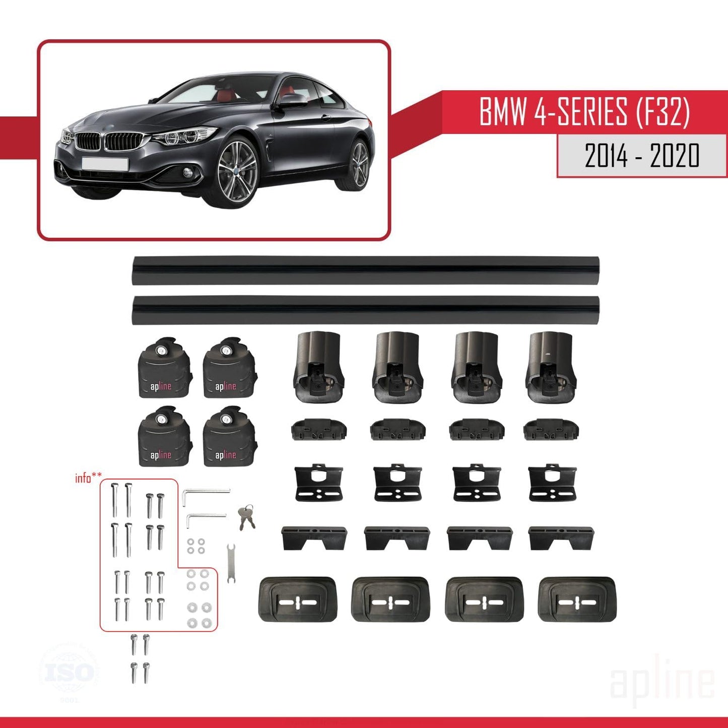Compatible with BMW 4 Series (F32) 2014-2020 ACE-3 Car Roof Rack Cross Bar Black Aluminium 2 Bars