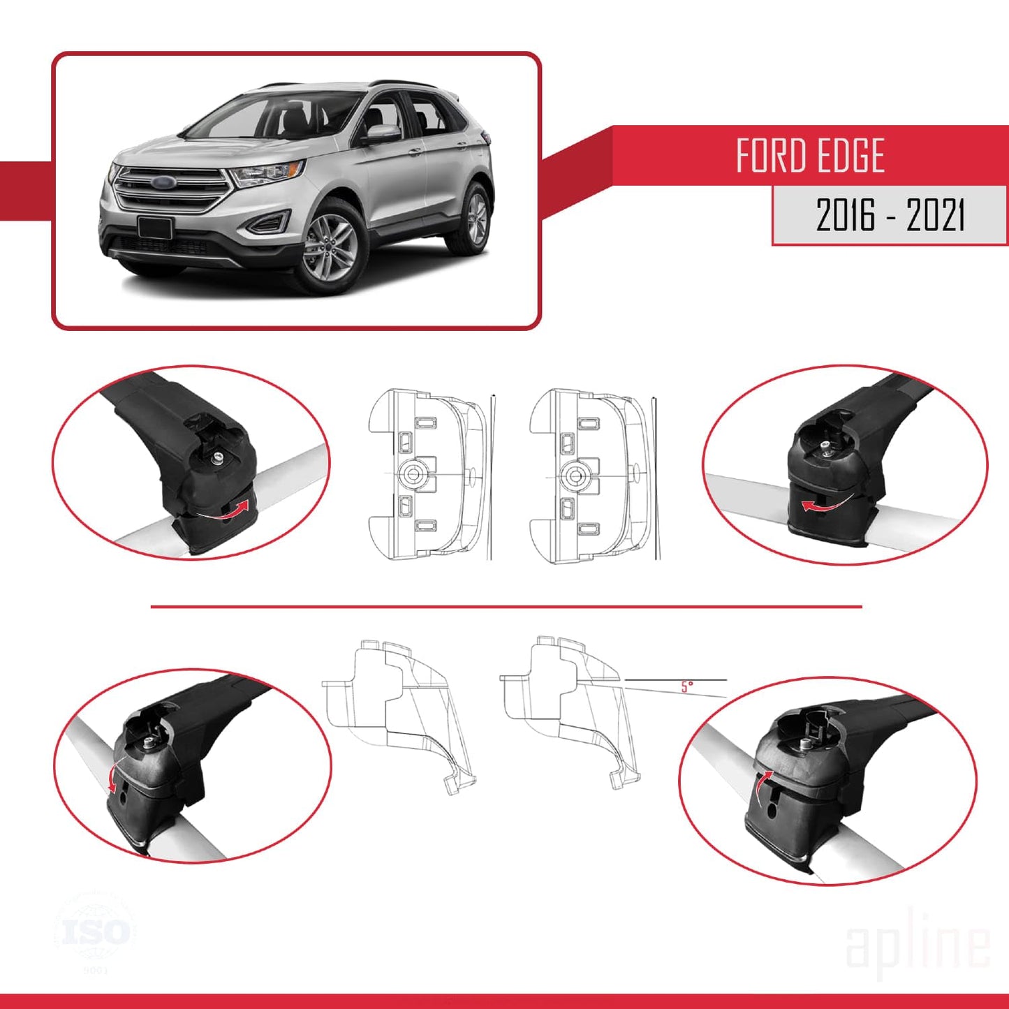 Compatible with Ford Edge (CD539) 2016-2021 ACE-2 Car Roof Rack Cross Bar Black Aluminium 2 Bars