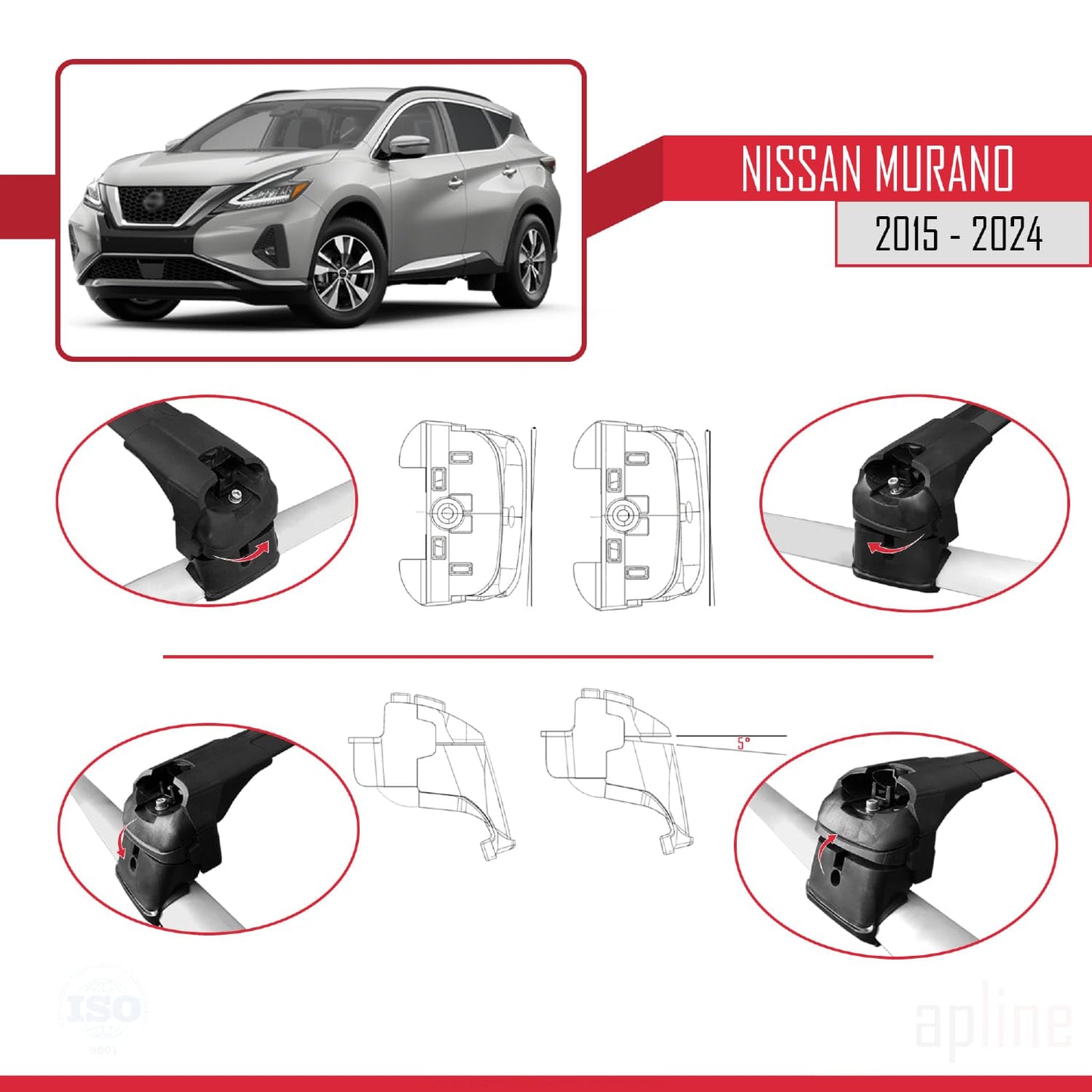 Compatible with Nissan Murano 2015-2024 ACE-2 Car Roof Rack Cross Bar Black Aluminium 2 Bars
