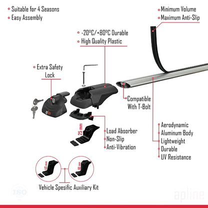 Compatible with SsangYong Stavic 2005-2012 ACE-1 Car Roof Rack Cross Bar Grey Aluminium 2 Bars