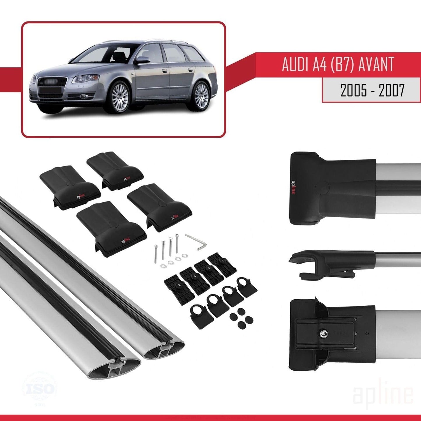 Compatible with Audi A4 (B7) Avant 2005-2007 Fly Model Car Roof Rack Cross Bar Grey Aluminium 2 Bars