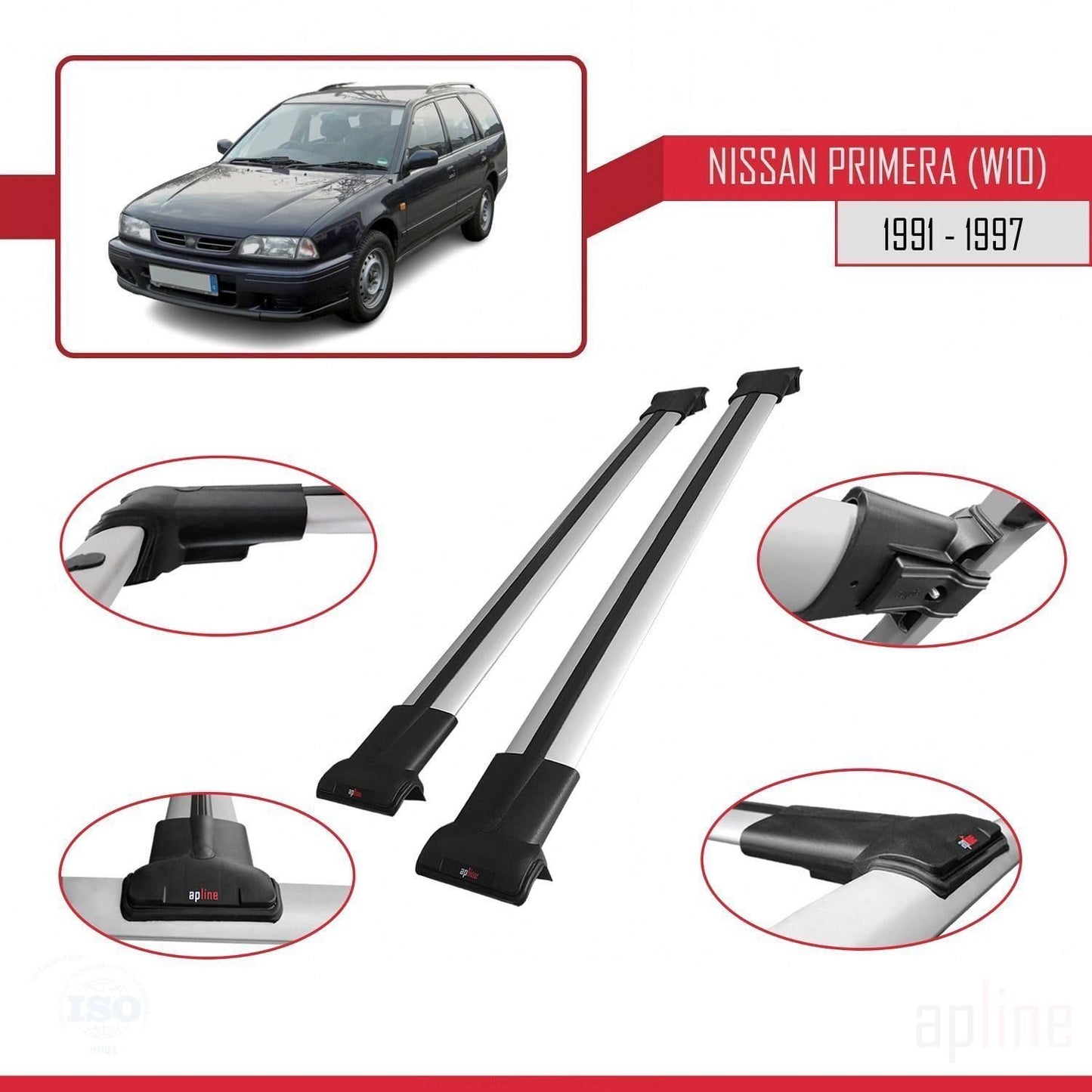 Compatible with Nissan Primera (W10) Traveller 1991-1997 Fly Model Car Roof Rack Cross Bar Grey Aluminium 2 Bars