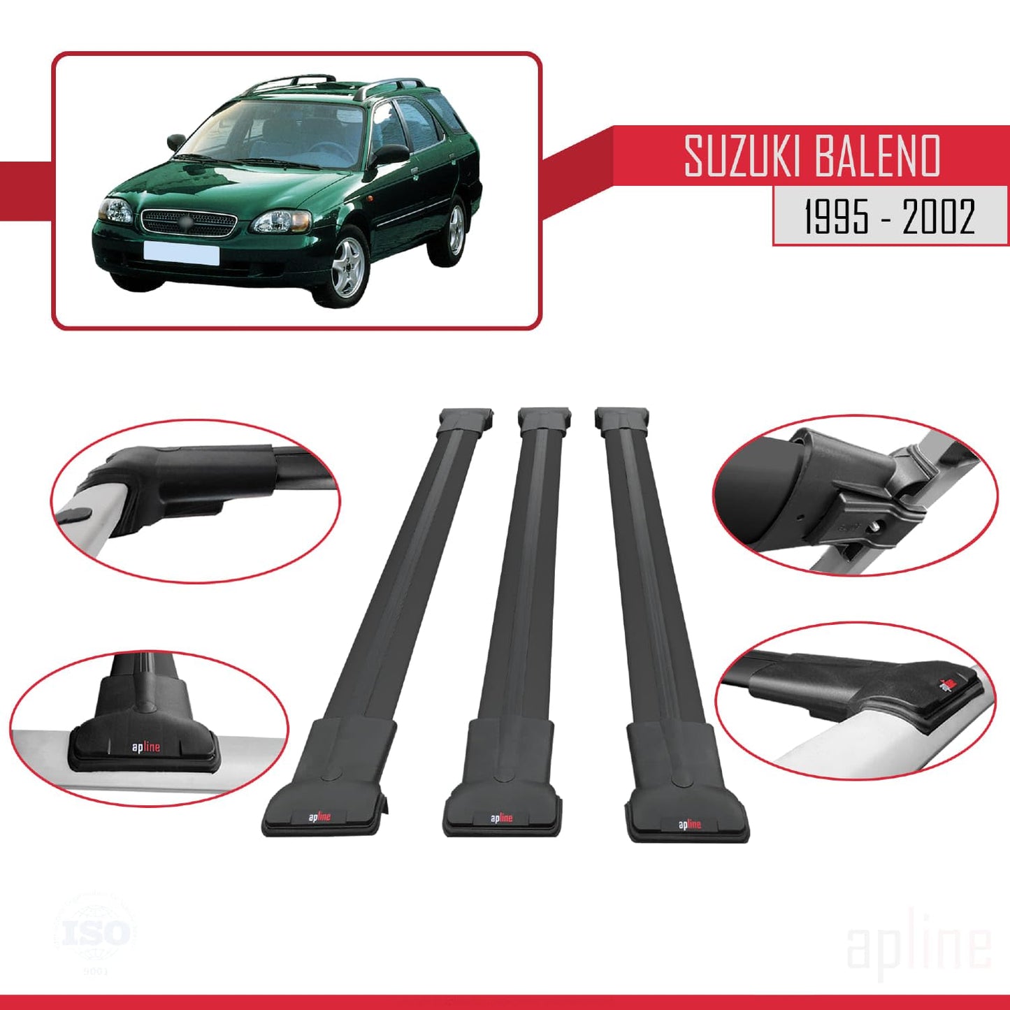 Compatible with Suzuki Baleno 1995-2002 Fly Model Car Roof Rack Cross Bar Black Aluminium 3 Bars