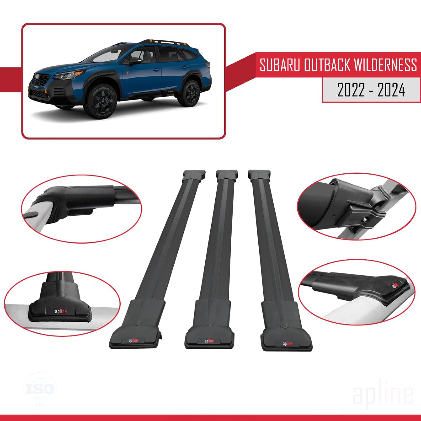 Compatible with Subaru Outback Wilderness 2022-2024 Fly Model Car Roof Rack Cross Bar Black Aluminium 3 Bars