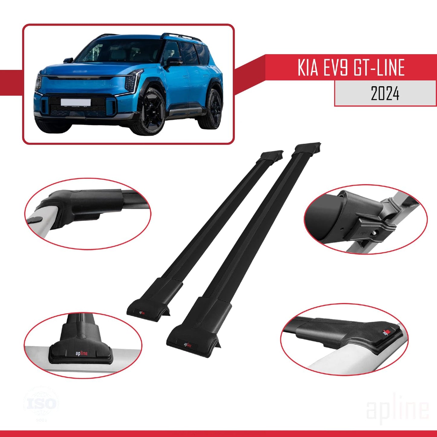 Compatible with KIA EV9 GT-LINE 2024-2025 Fly Model Car Roof Rack Cross Bar Black Aluminium 2 Bars