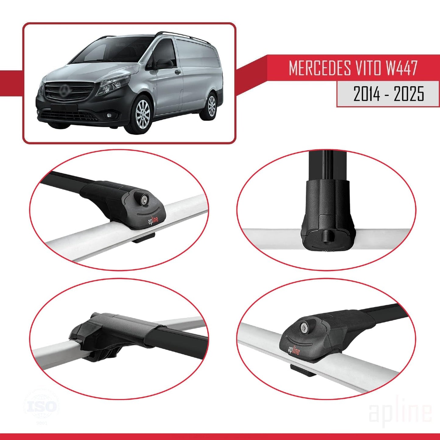 Compatible with Mercedes Vito 3 (W447) 2014-2025 ACE-1 Car Roof Rack Cross Bar Black Aluminium 3 Bars