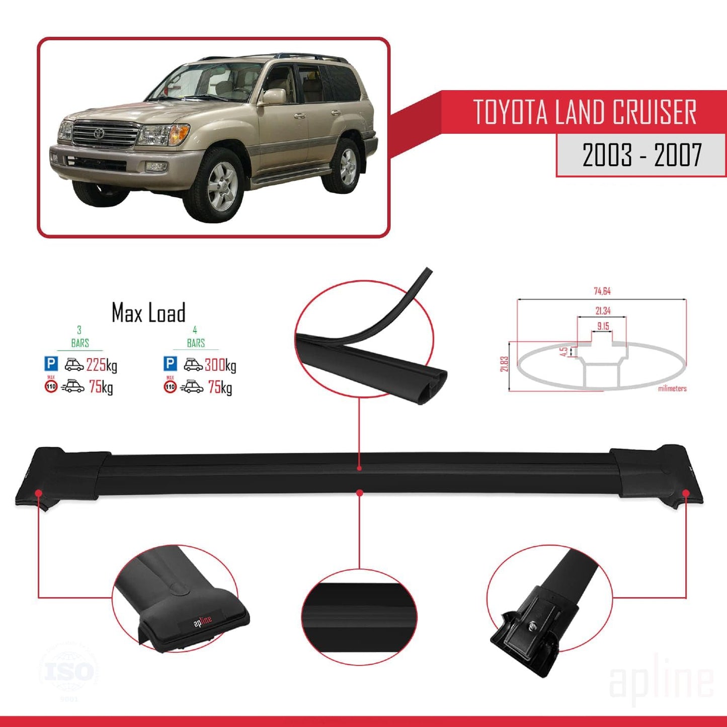 Compatible with Toyota Land Cruiser (J100) 2003-2007 Fly Model Car Roof Rack Cross Bar Black Aluminium 3 Bars