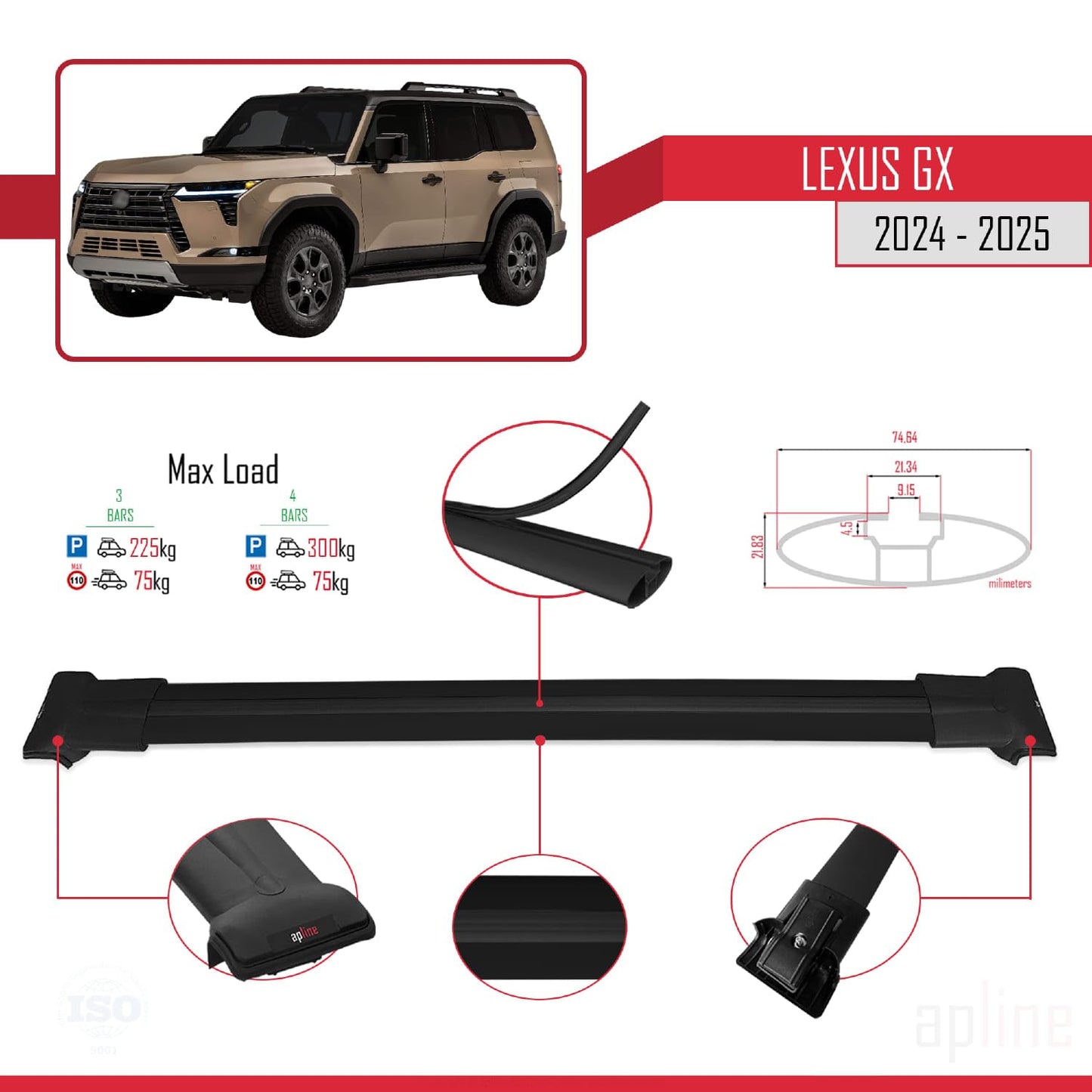 Compatible with Lexus GX 2024-2025 Fly Model Car Roof Rack Cross Bar Black Aluminium 3 Bars