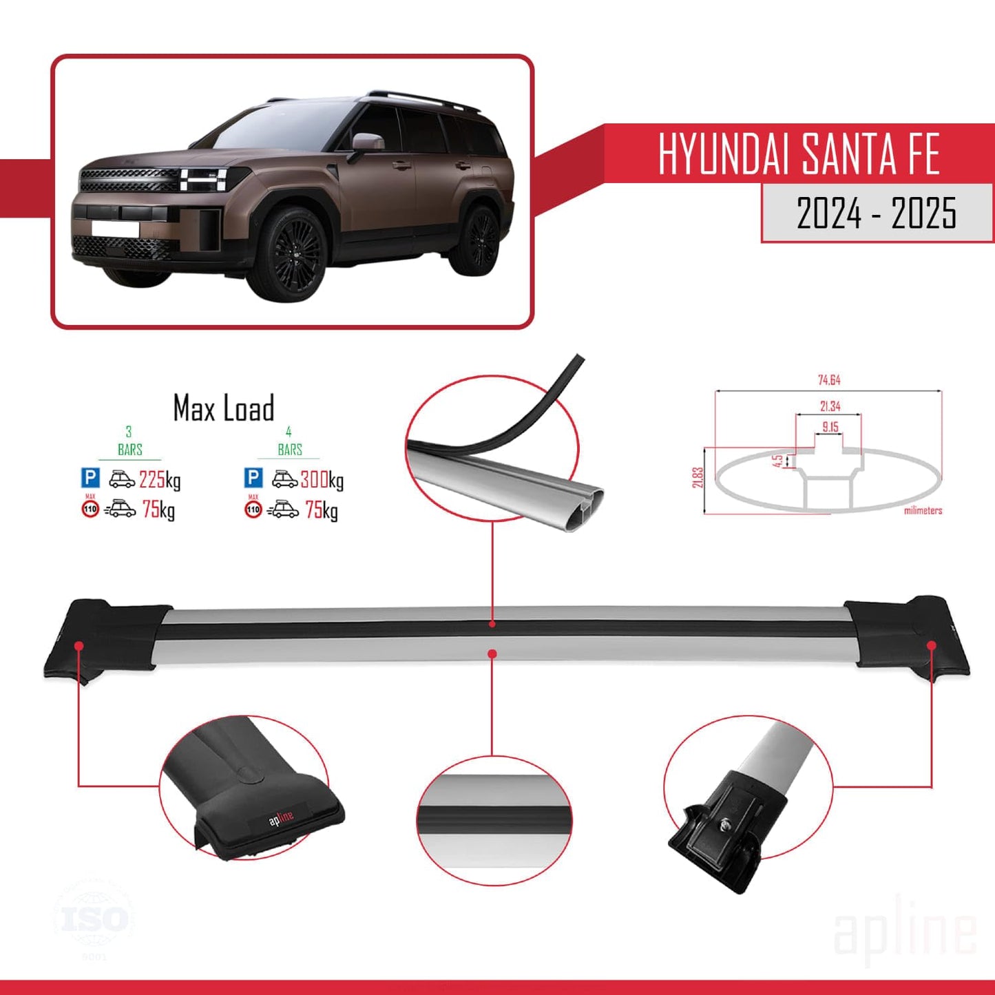 Compatible with Hyundai Santa Fe 2024-2025 Fly Model Car Roof Rack Cross Bar Grey Aluminium 3 Bars