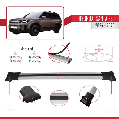 Compatible with Hyundai Santa Fe 2024-2025 Fly Model Car Roof Rack Cross Bar Grey Aluminium 3 Bars