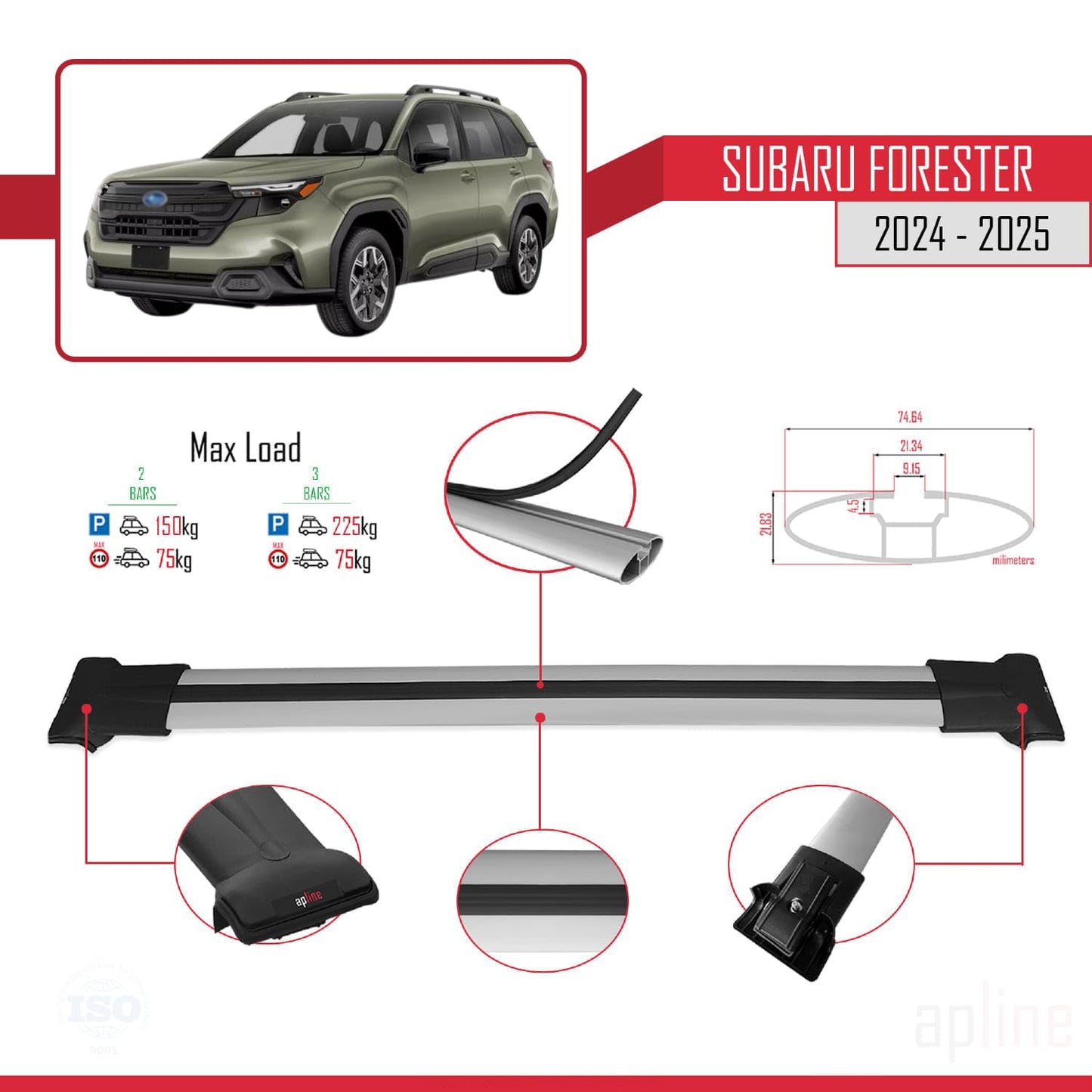 Compatible with Subaru Forester (Raised Roof) 2024-2025 Fly Model Car Roof Rack Cross Bar Grey Aluminium 2 Bars