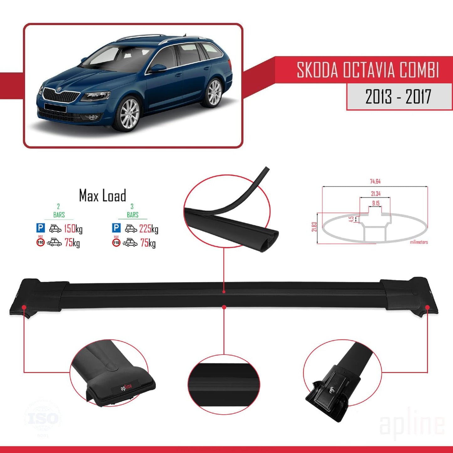 Compatible with Skoda Octavia 3 (5E) SW Pre-Facelift 2013-2017 Fly Model Car Roof Rack Cross Bar Black Aluminium 2 Bars