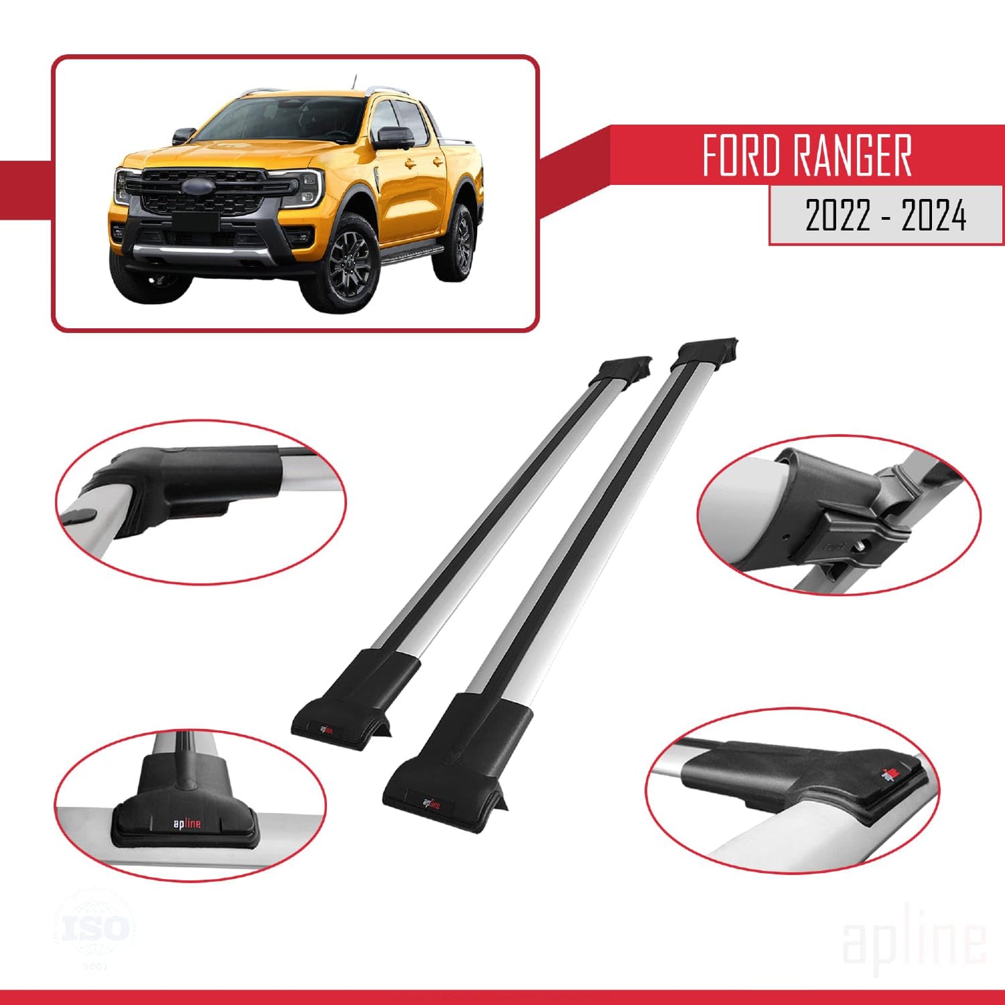 Compatible with Ford Ranger (P703) 2022-2024 Fly Model Car Roof Rack Cross Bar Grey Aluminium 2 Bars