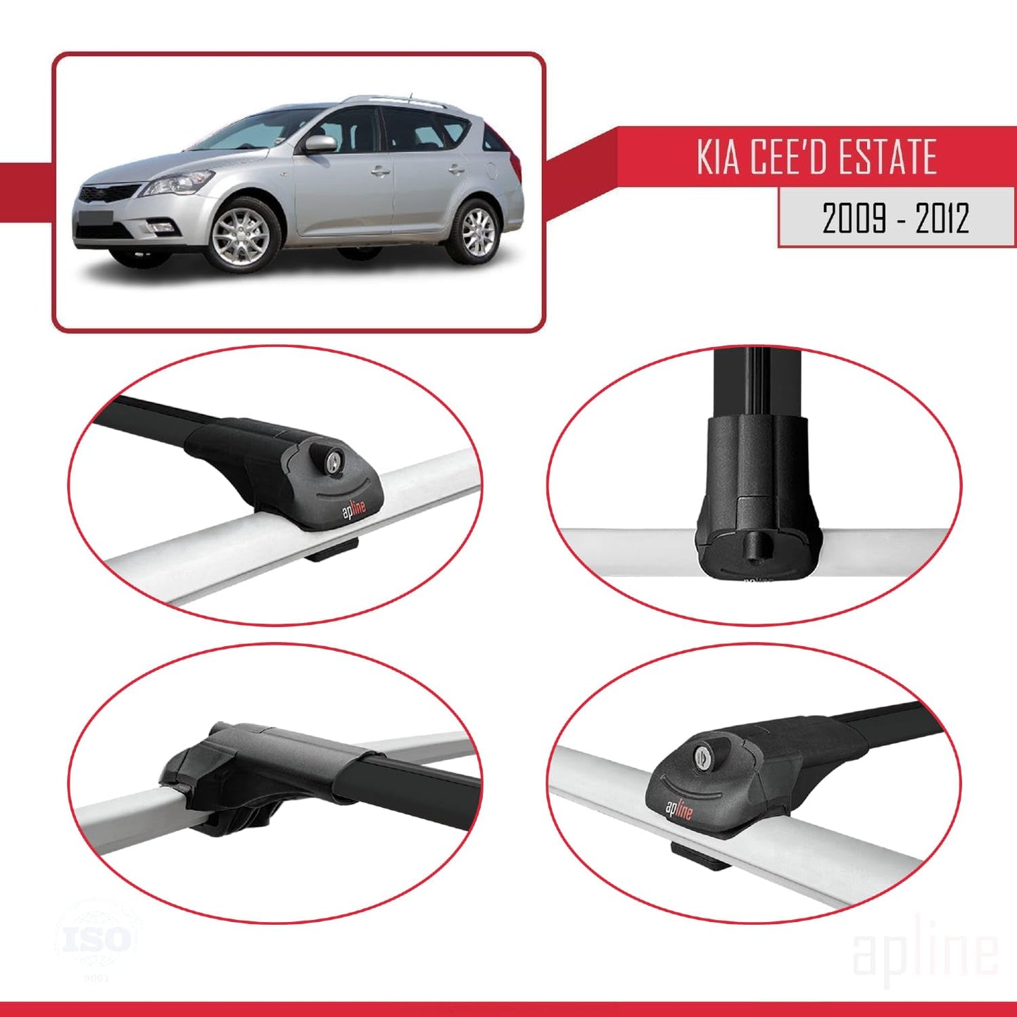 Compatible with Kia Ceed (ED) SW Post-Facelift 2009-2012 ACE-1 Car Roof Rack Cross Bar Black Aluminium 3 Bars