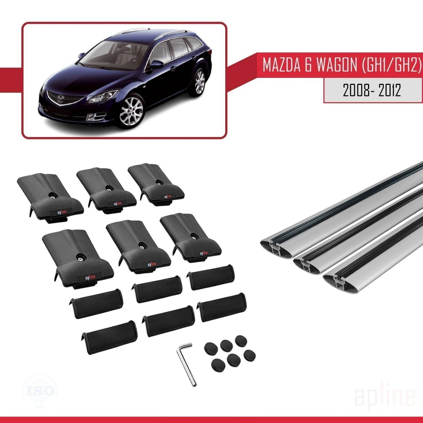 Compatible with Mazda 6 II (GZ) Wagon 2008-2012 Fly Model Car Roof Rack Cross Bar Grey Aluminium 3 Bars
