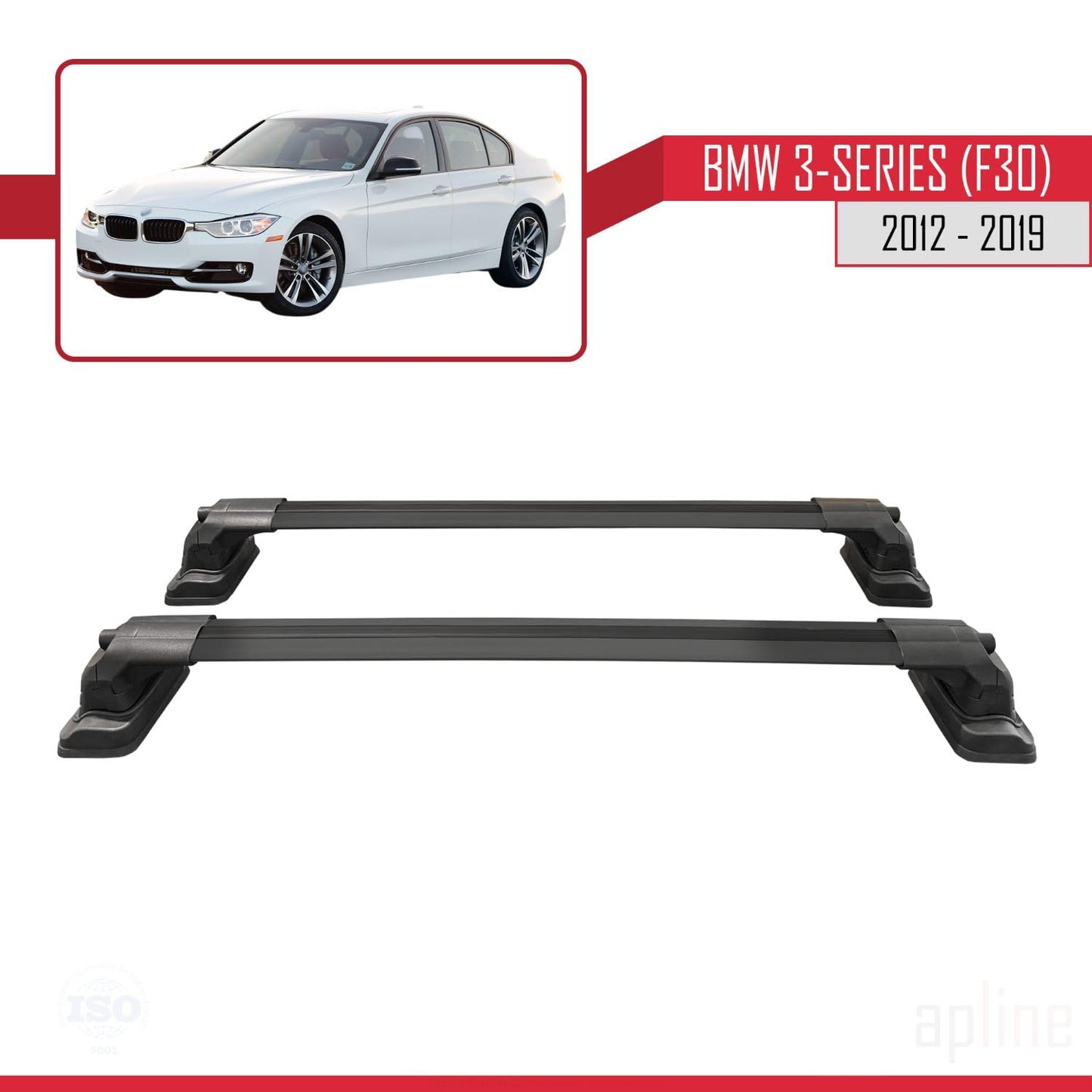 Compatible with BMW 3 Series (F30) 2012-2019 ACE-3 Car Roof Rack Cross Bar Black Aluminium 2 Bars