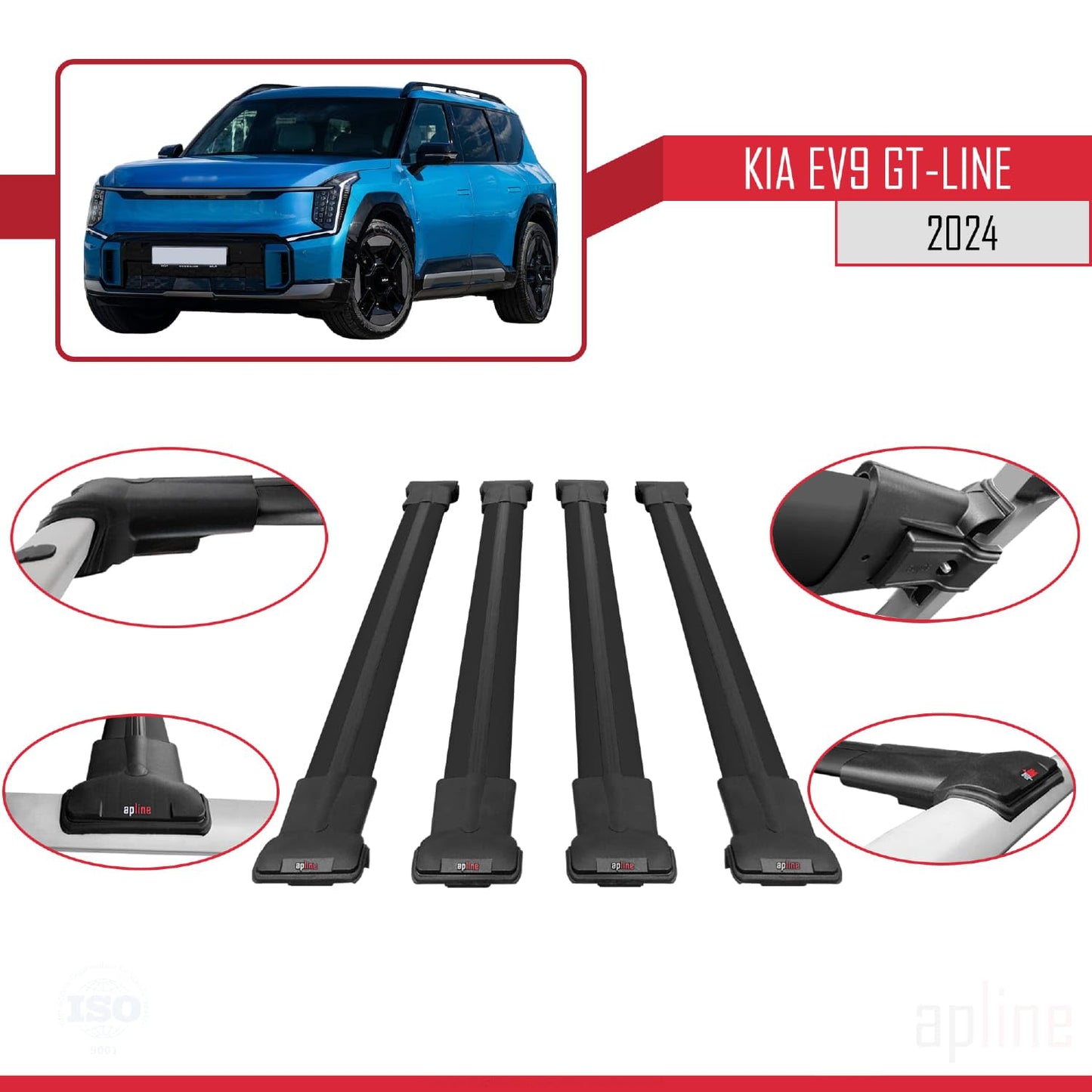 Compatible with KIA EV9 GT-LINE 2024-2025 Fly Model Car Roof Rack Cross Bar Black Aluminium 4 Bars