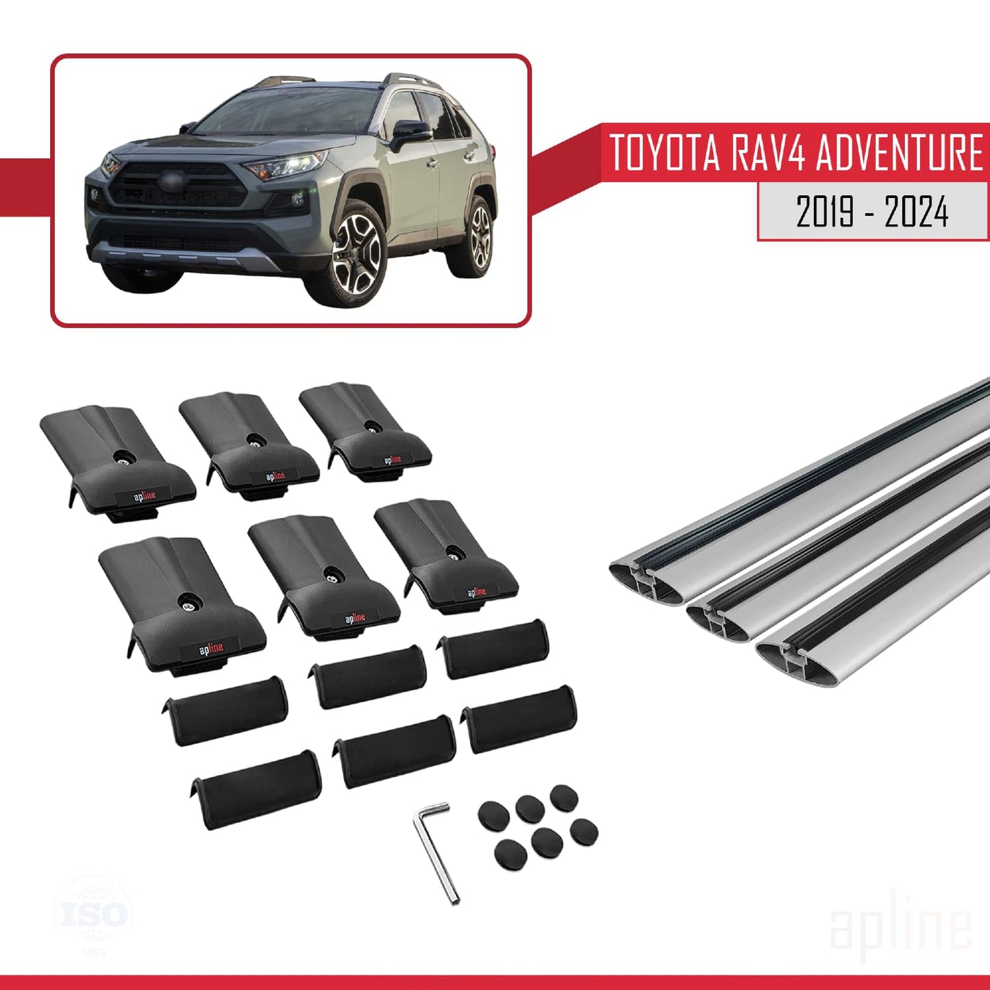 Compatible with Toyota RAV4 Adventure 2019-2024 Fly Model Car Roof Rack Cross Bar Grey Aluminium 3 Bars