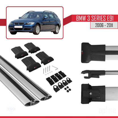 Compatible with BMW 3 Series E91 Touring 2006-2011 Fly Model Car Roof Rack Cross Bar Grey Aluminium 2 Bars