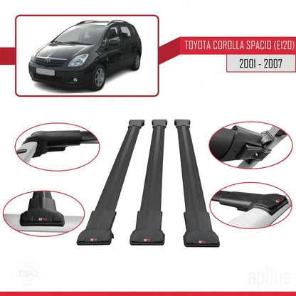 Compatible with Toyota Corolla Spacio 2 (E120) 2001-2007 Fly Model Car Roof Rack Cross Bar Black Aluminium 3 Bars