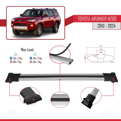 Compatible with Toyota 4Runner (N280) 2010-2024 Fly Model Car Roof Rack Cross Bar Grey Aluminium 2 Bars