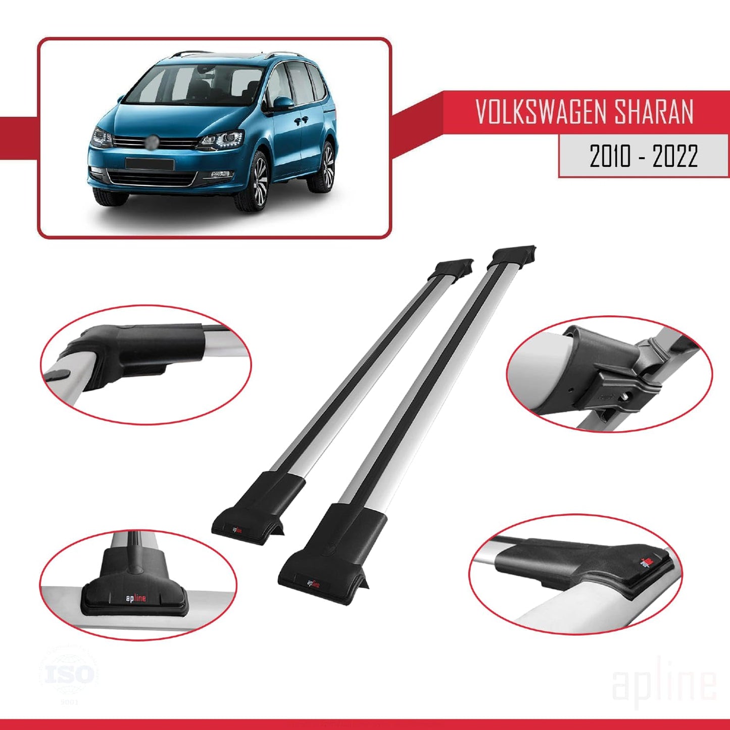 Compatible with Volkswagen Sharan 2 (7N) 2010-2022 Fly Model Car Roof Rack Cross Bar Grey Aluminium 2 Bars