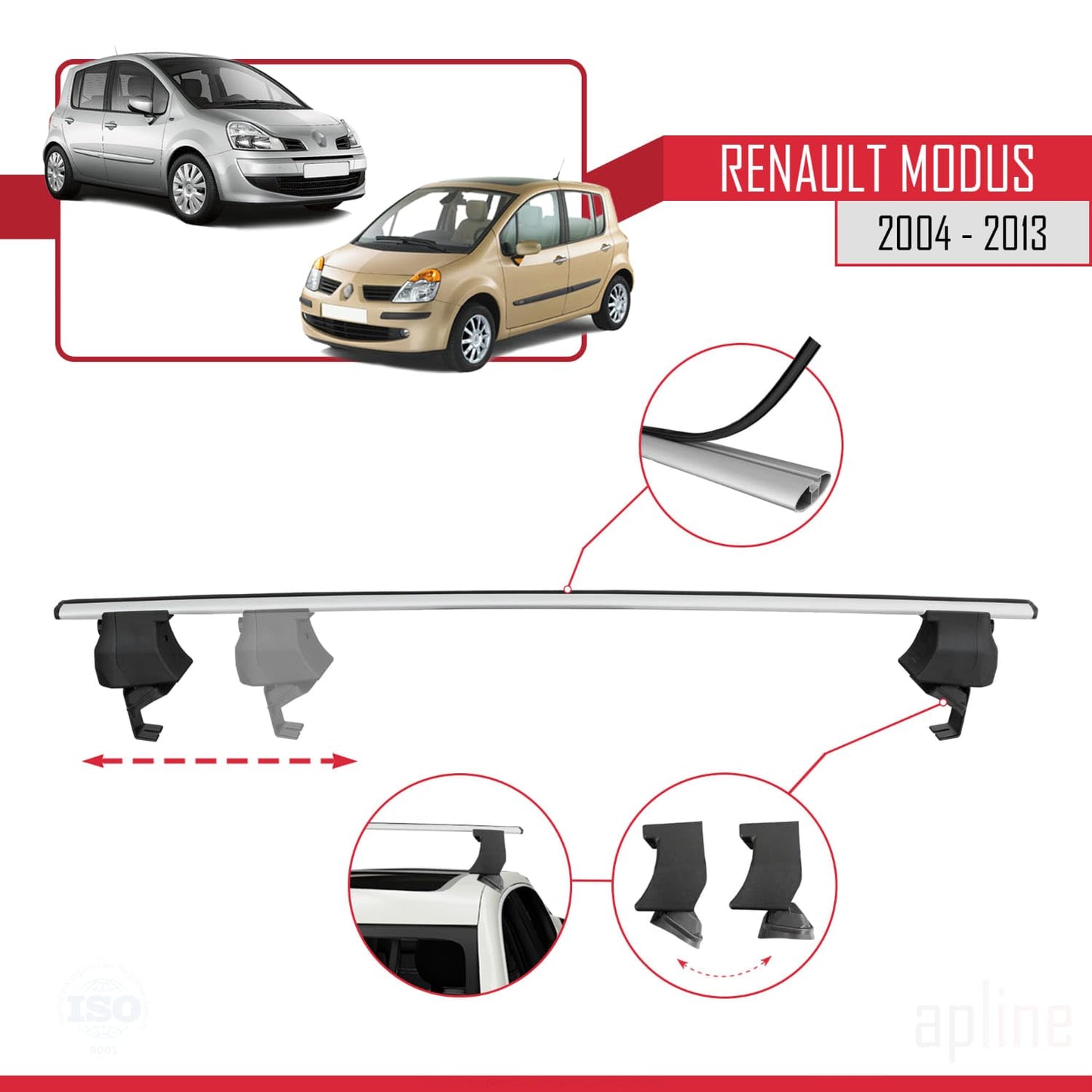 Compatible with Renault Modus 2004-2013 ACE-4 Car Roof Rack Cross Bar Grey Aluminium 2 Bars