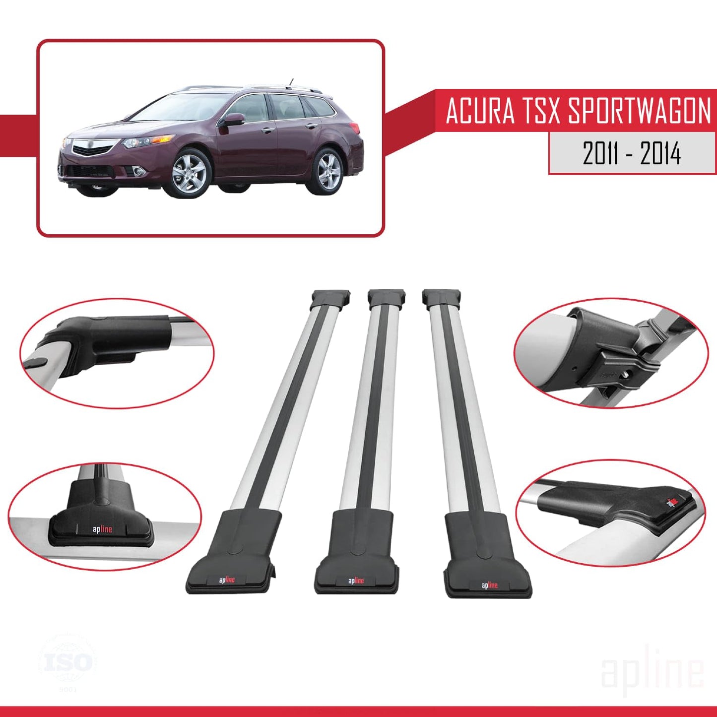 Compatible with Acura TSX Sport Wagon 2011-2014 Fly Model Car Roof Rack Cross Bar Grey Aluminium 3 Bars