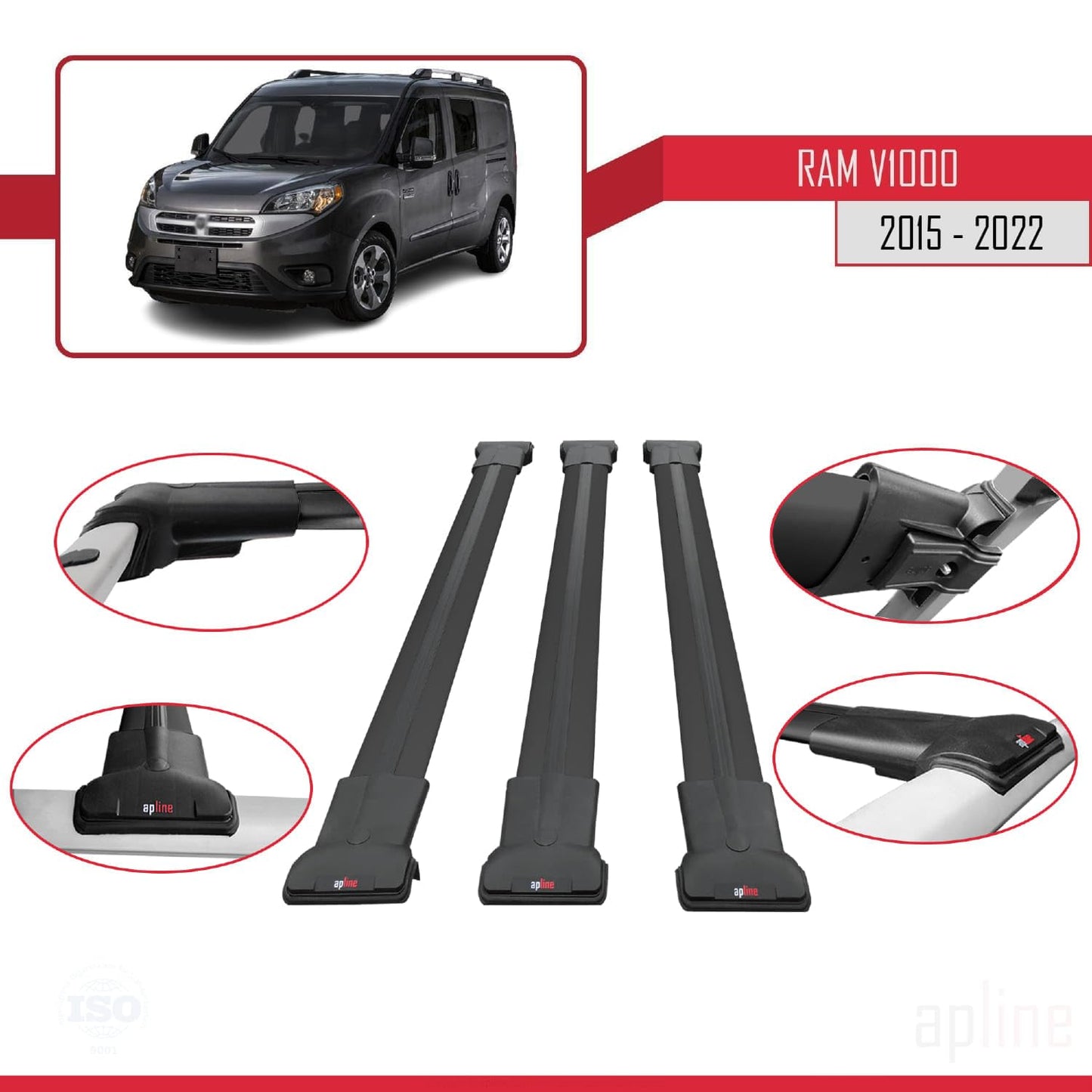 Compatible with Ram V1000 2015-2022 Fly Model Car Roof Rack Cross Bar Black Aluminium 3 Bars
