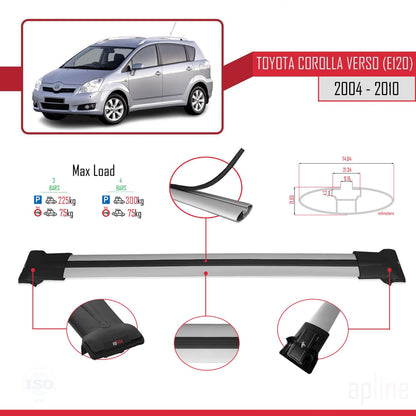 Compatible with Toyota Corolla Verso 2 (AR10) 2004-2010 Fly Model Car Roof Rack Cross Bar Grey Aluminium 3 Bars