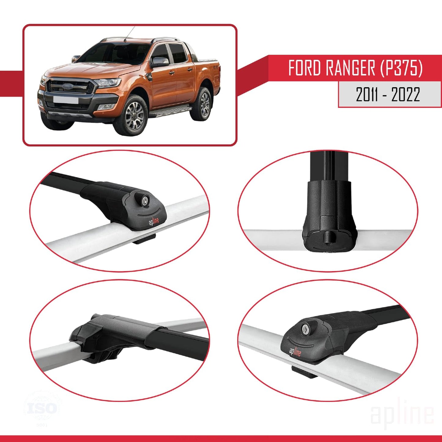 Compatible with Ford Ranger (P375) 2011-2022 ACE-1 Car Roof Rack Cross Bar Black Aluminium 3 Bars