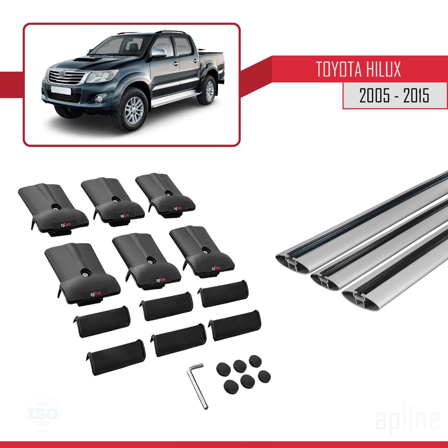 Compatible with Toyota Hilux 7 (AN30) 2005-2015 Fly Model Car Roof Rack Cross Bar Grey Aluminium 3 Bars