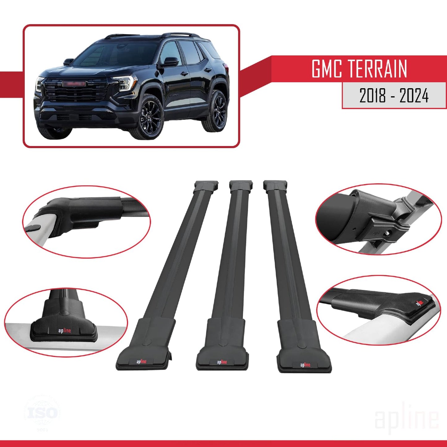 Compatible with GMC Terrain 2018-2024 Fly Model Car Roof Rack Cross Bar Black Aluminium 3 Bars