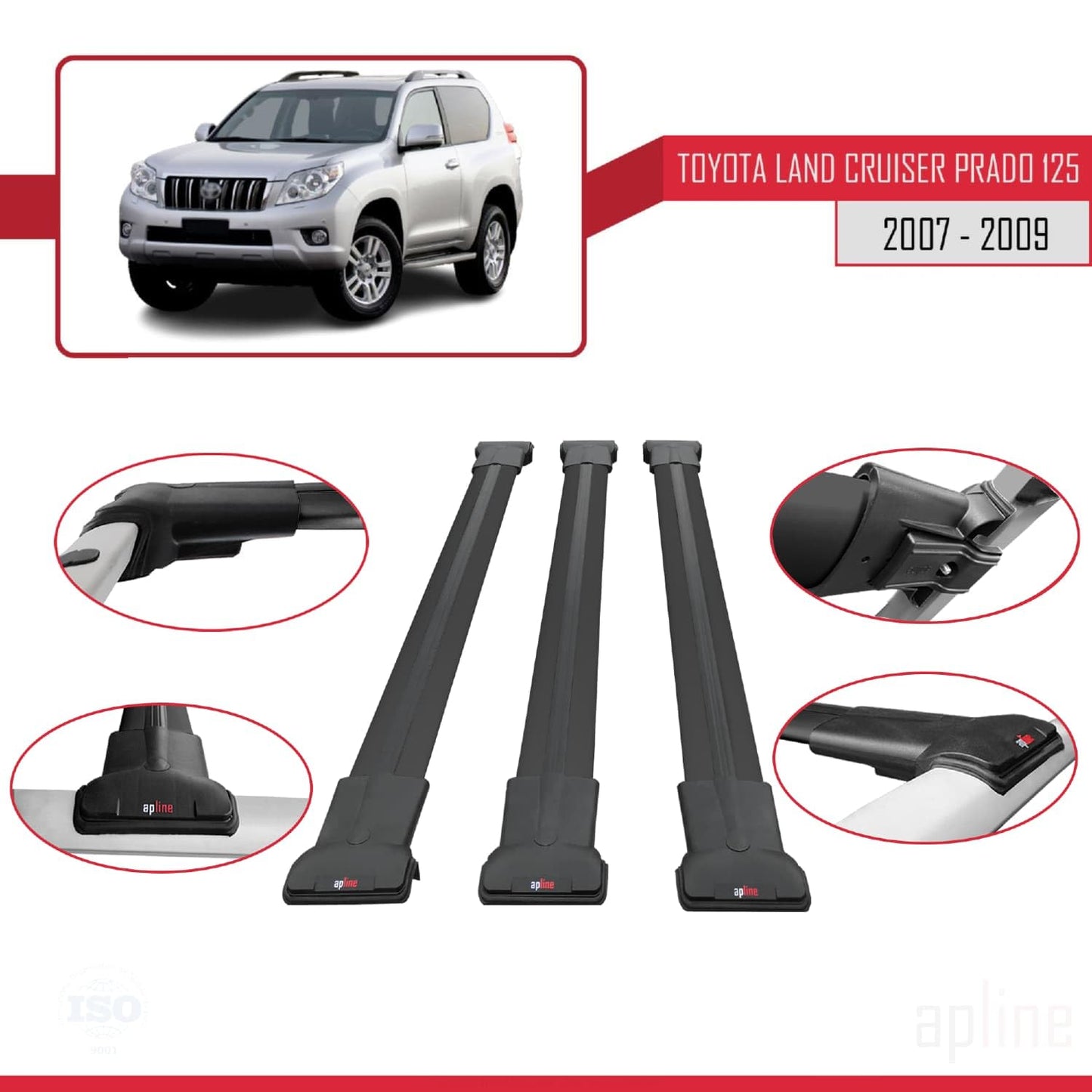 Compatible with Toyota Land Cruiser Prado (J125) 2007-2009 Fly Model Car Roof Rack Cross Bar Black Aluminium 3 Bars