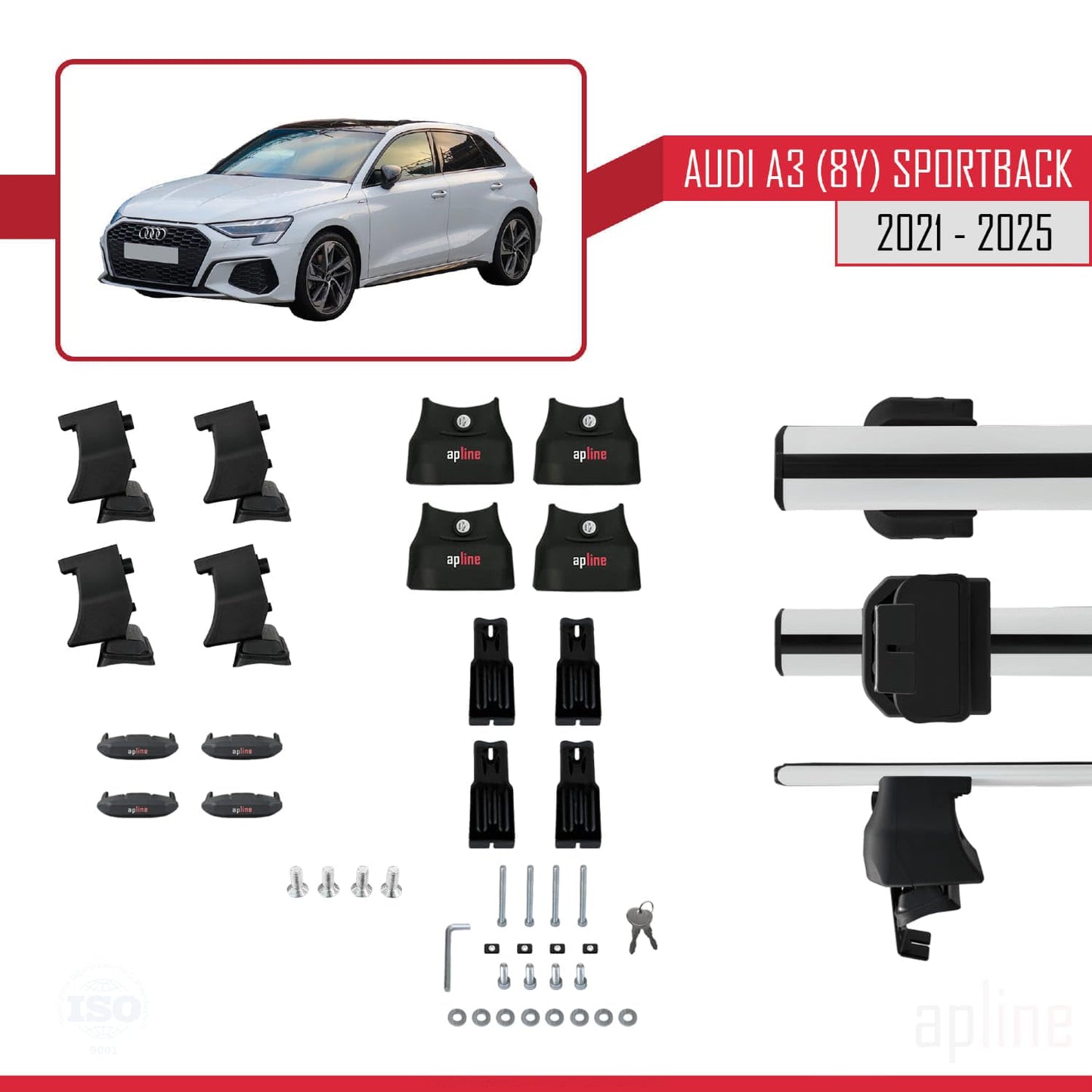Compatible with Audi A3 (8Y) Sportback 2020-2025 ACE-4 Car Roof Rack Cross Bar Grey Aluminium 2 Bars