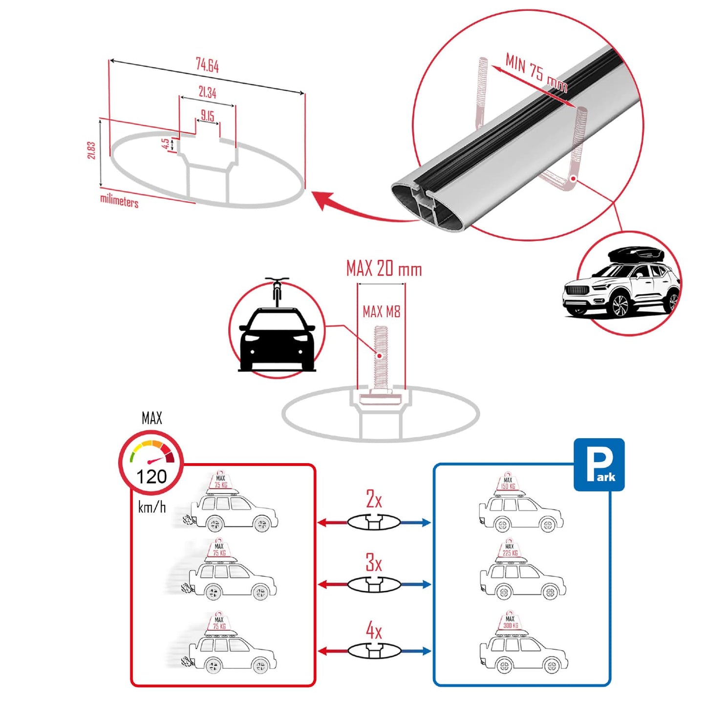Compatible with VW Tiguan 2025-2026 ACE-1 Model Roof Rack Gray 3 Aluminium Bars